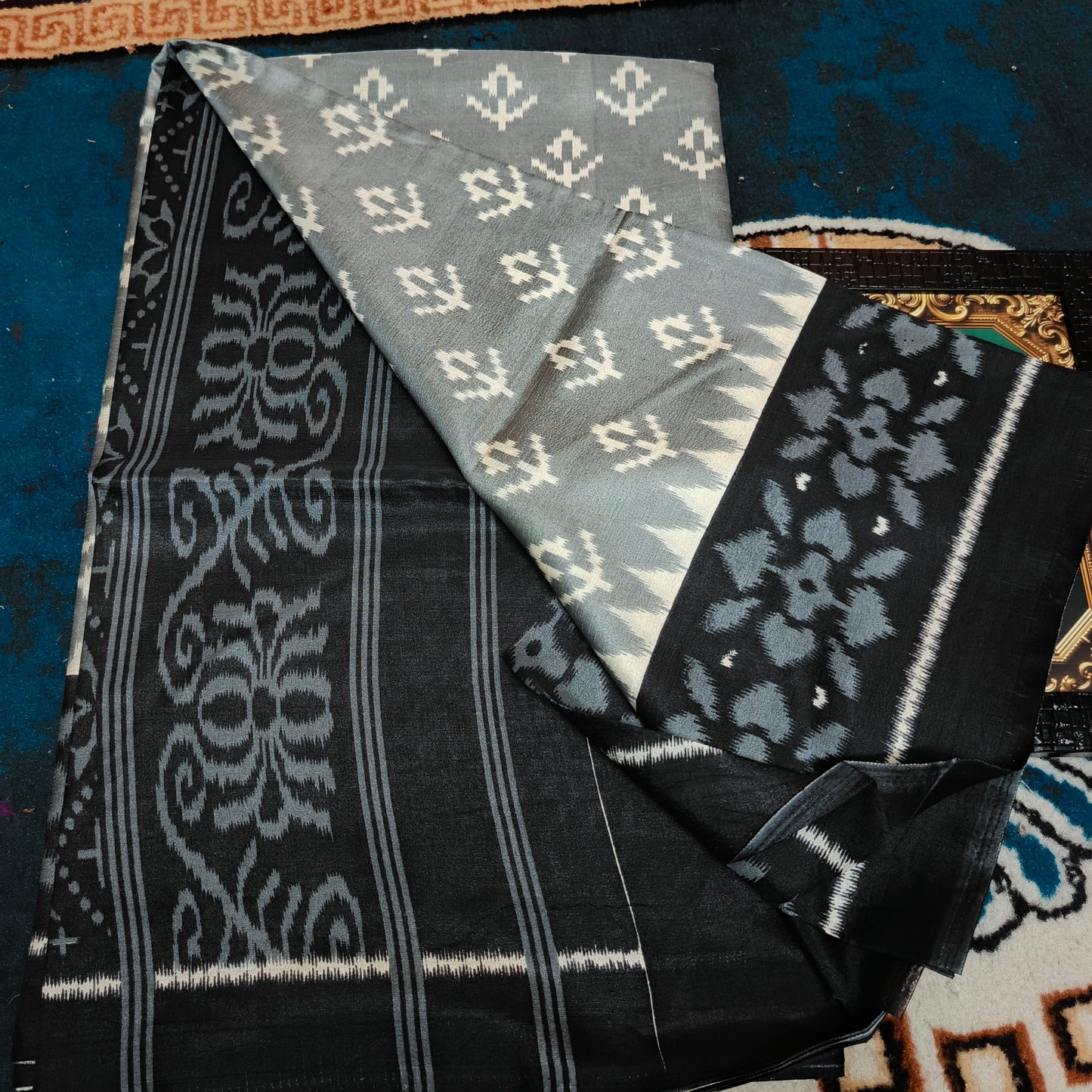 Black Vriddhi silk vol 3 Ikkat vegan tussar crepe digital saree SA25644