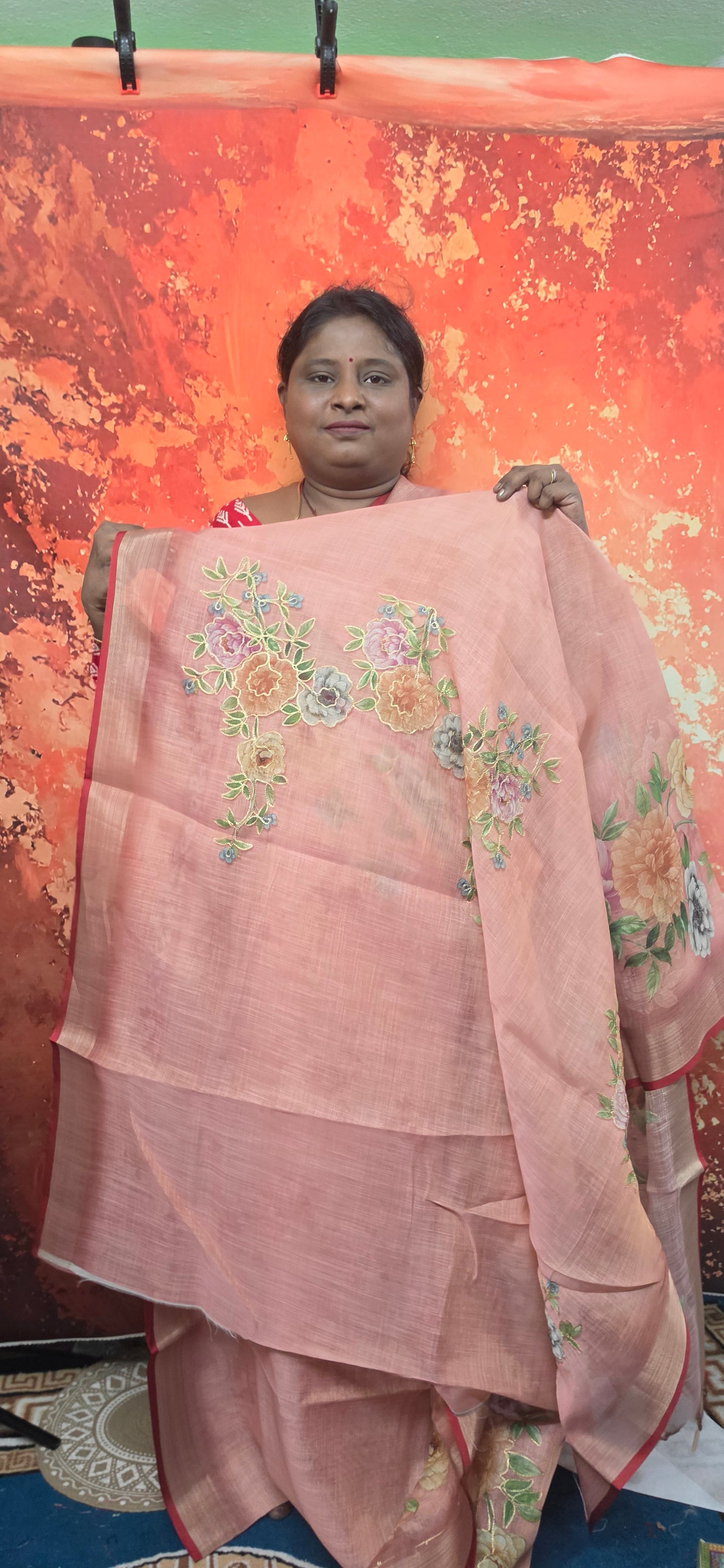Peach Vegan linen Mystic floral saree SA25712
