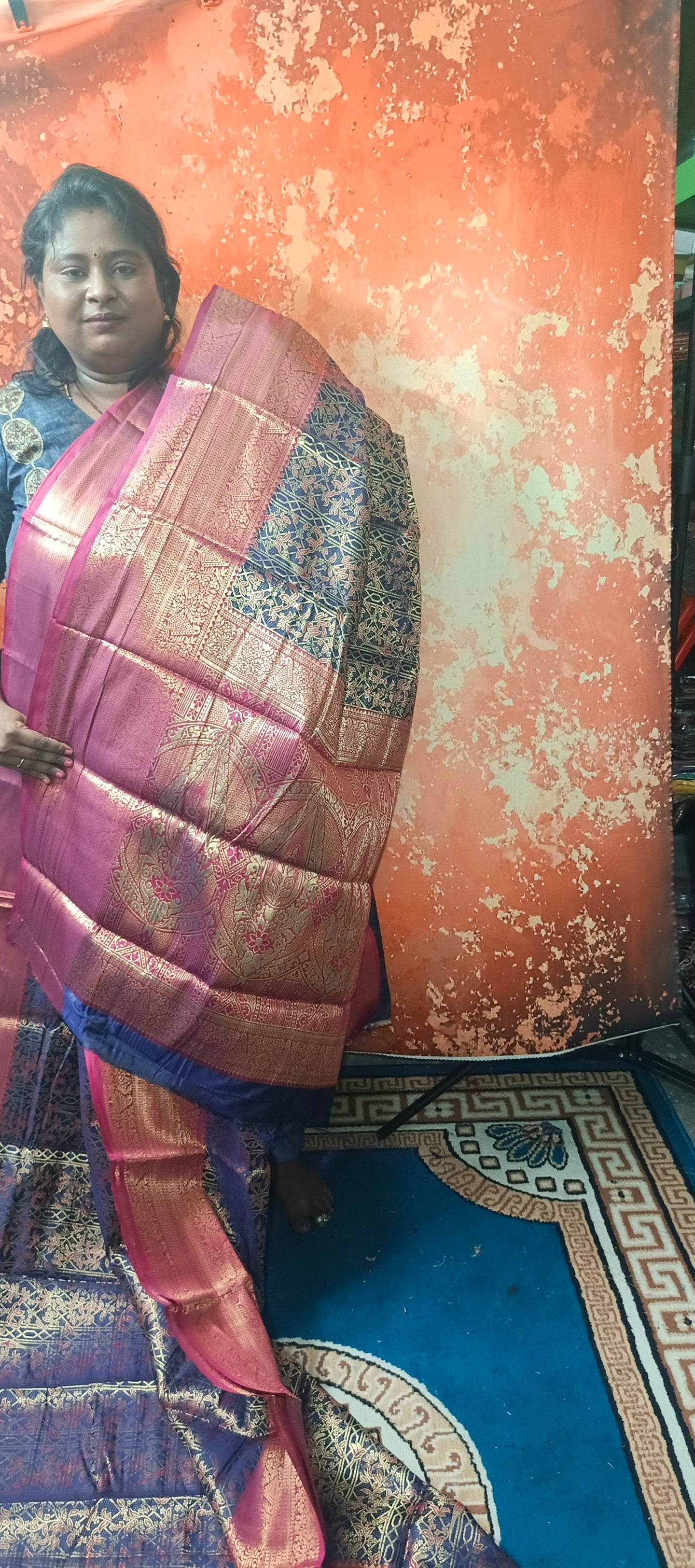 Navy blue with pink Raj Nandhini Vegan Kanchi Silk Saree JA25284
