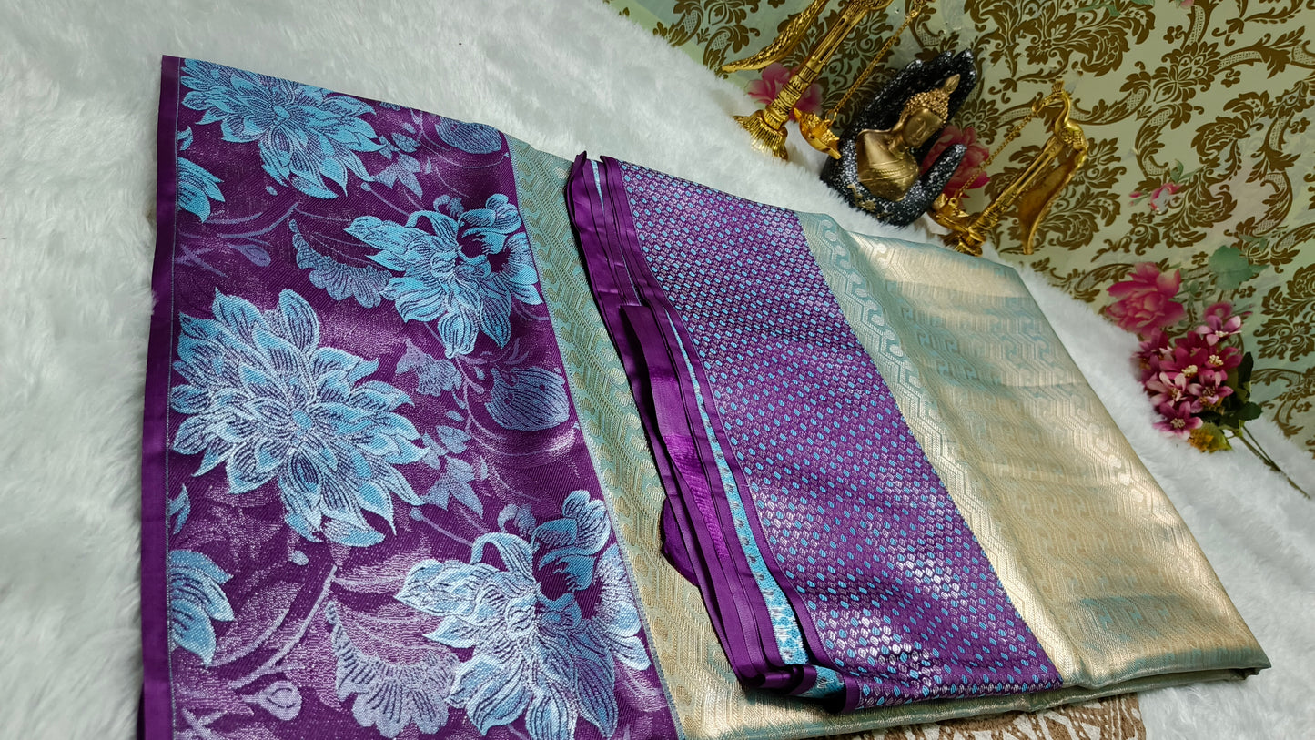 Ice blue with violet Neelambari vegan tissue bridal kanchi silk saree LA25942