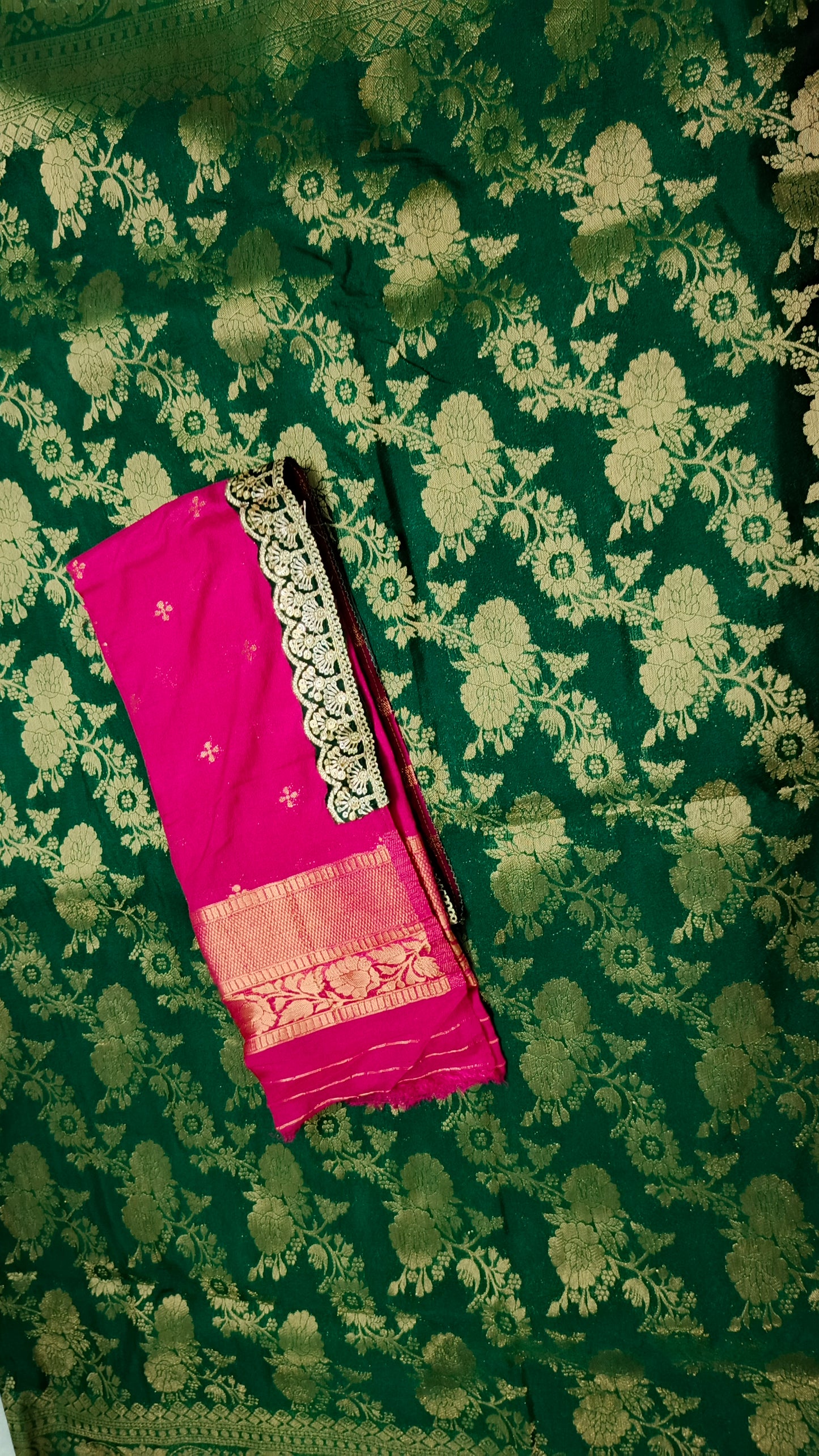 Dark green with pink Royal banarasi vegan kaddi georgette saree JA25328