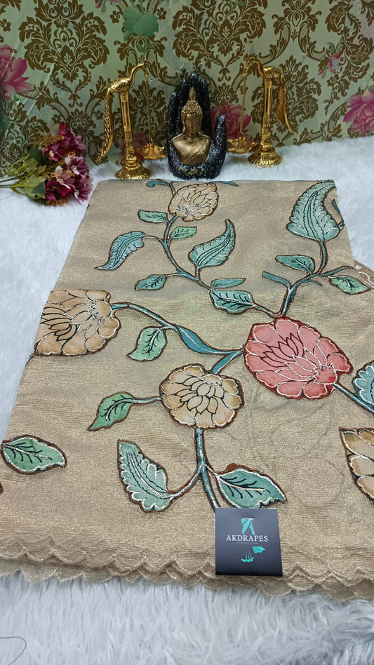 Gold Floral symphony applique vegan tissue saree SA25713