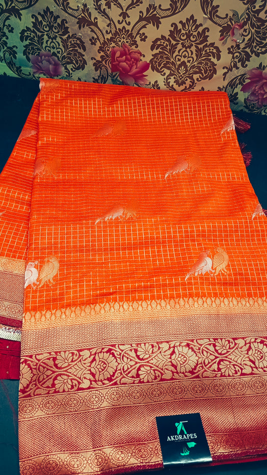Orange Maroon Midhuna Pakshi Premium Vegan Crepe silk Saree MA25212