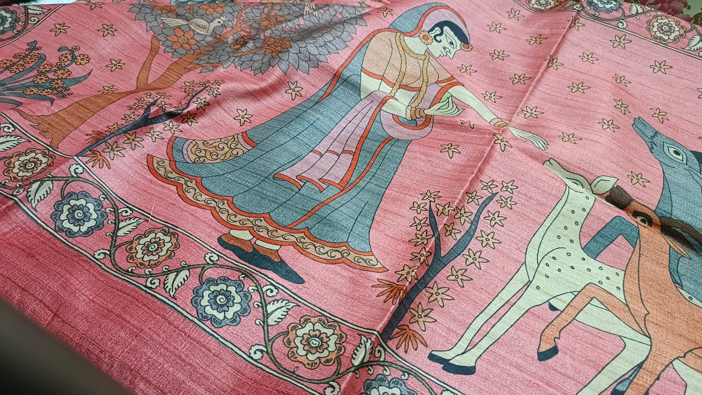 Rust orange Ritika digital printed kalamkari vegan tussar saree SA25698