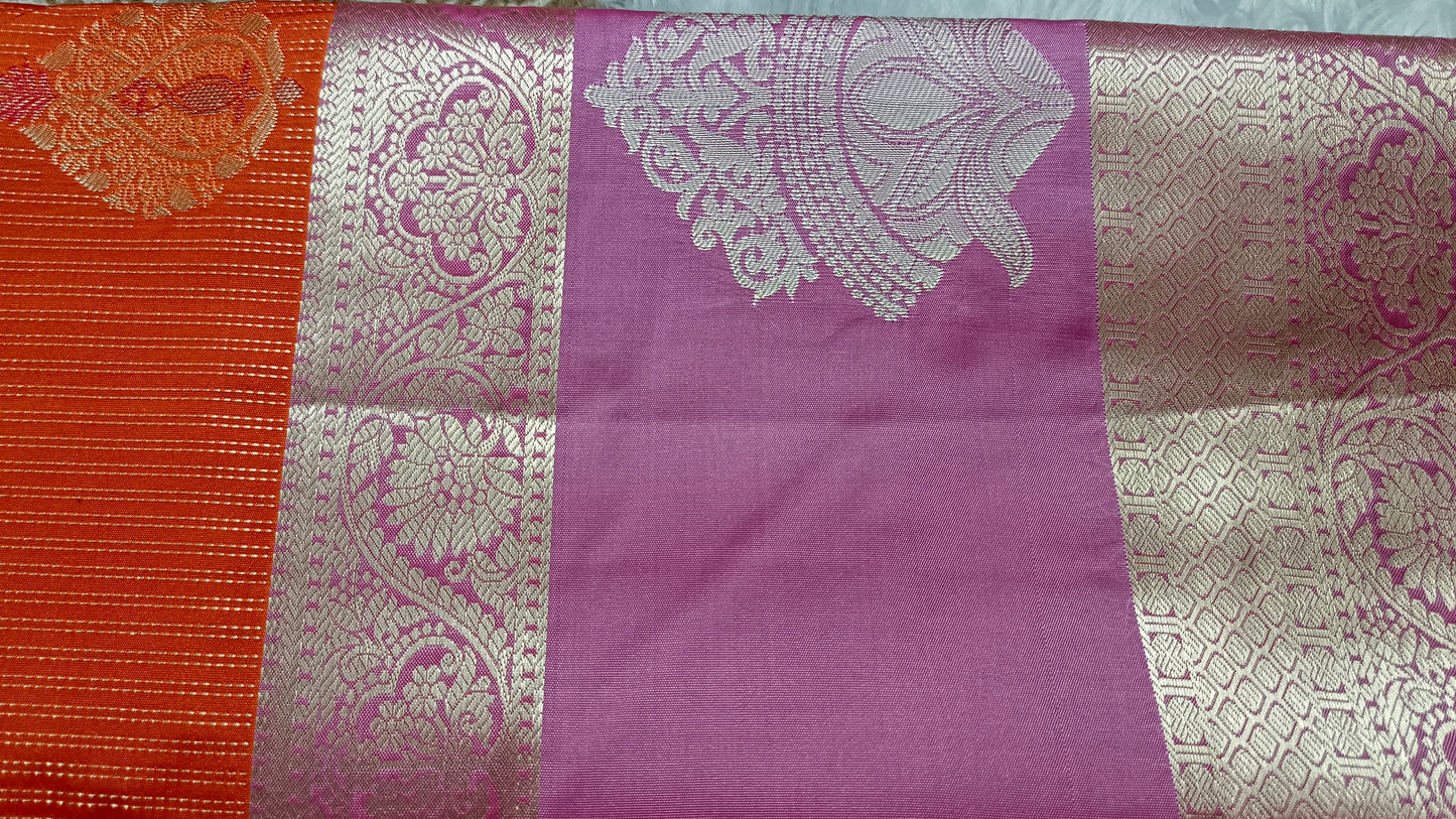 Orange with pastel pink Parijatham Vegan premium kanchi brocade silk saree LA25925