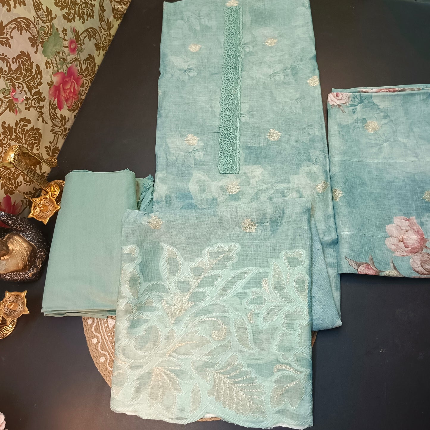 Ice blue Linen Jamdhani Cutwork vegan Unstitched Suit PA25069
