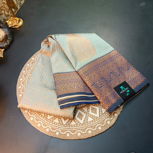 Light grey Navy blue Maragatha Muhurtham Vegan Kanchi Silk Saree MA25115