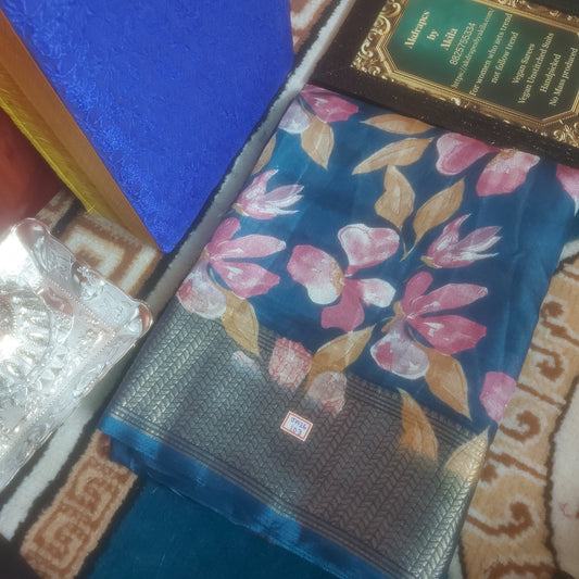Peacock Blue Vegan dola floral Weaving border saree JA26104