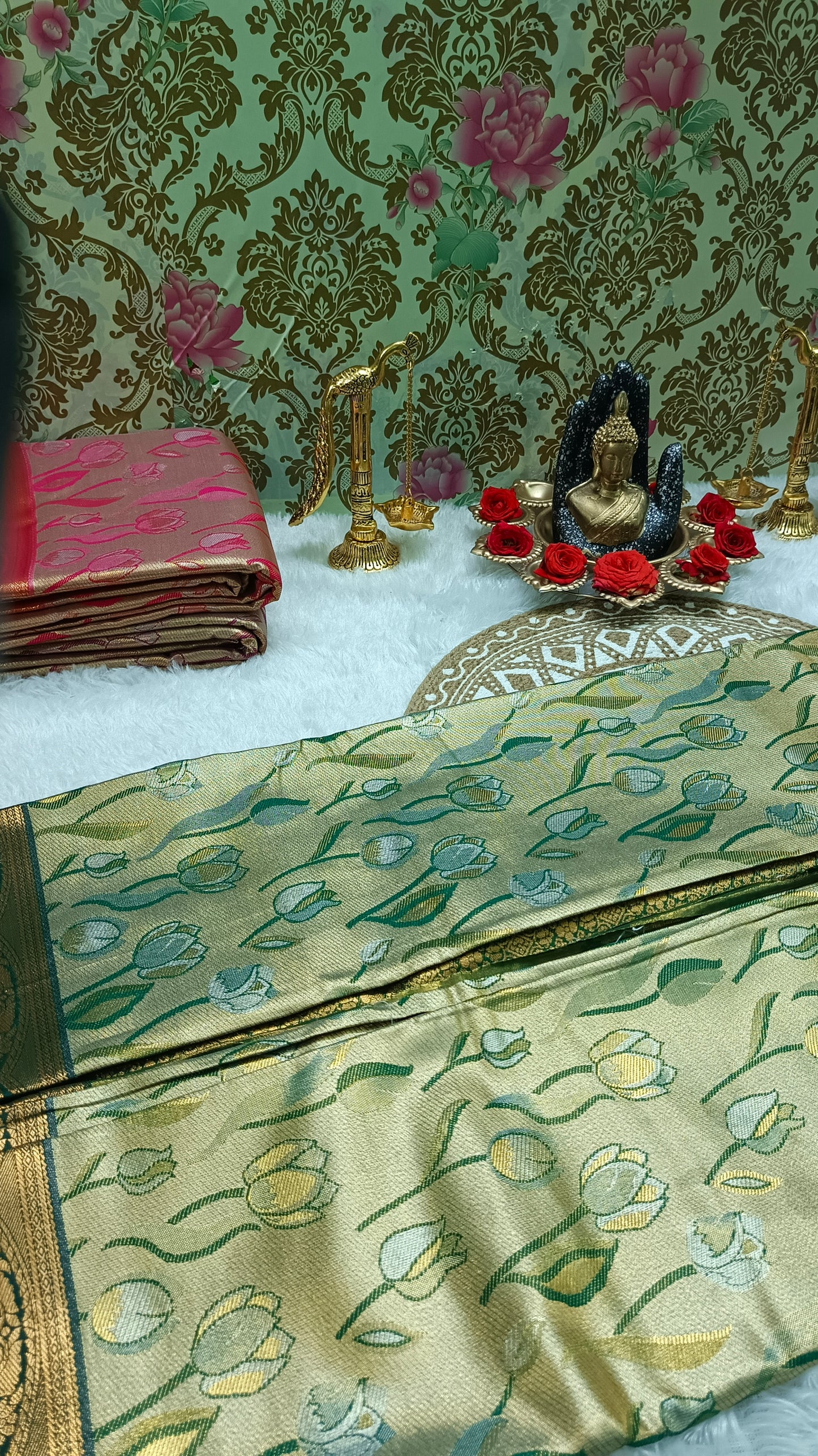 Green Tulika golden bridal tissue Vegan kanchi saree
