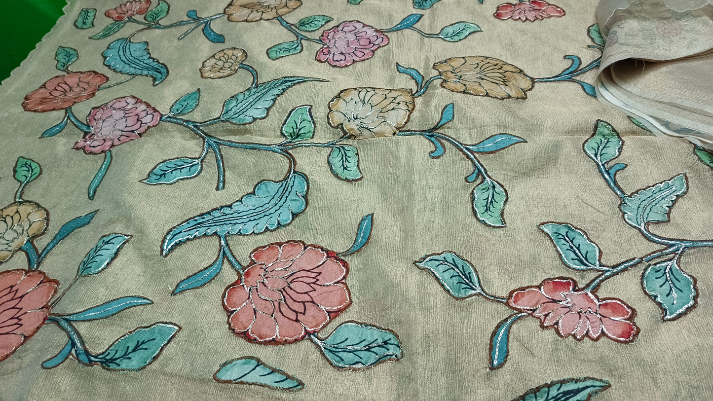 Gold Floral symphony applique vegan tissue saree SA25713