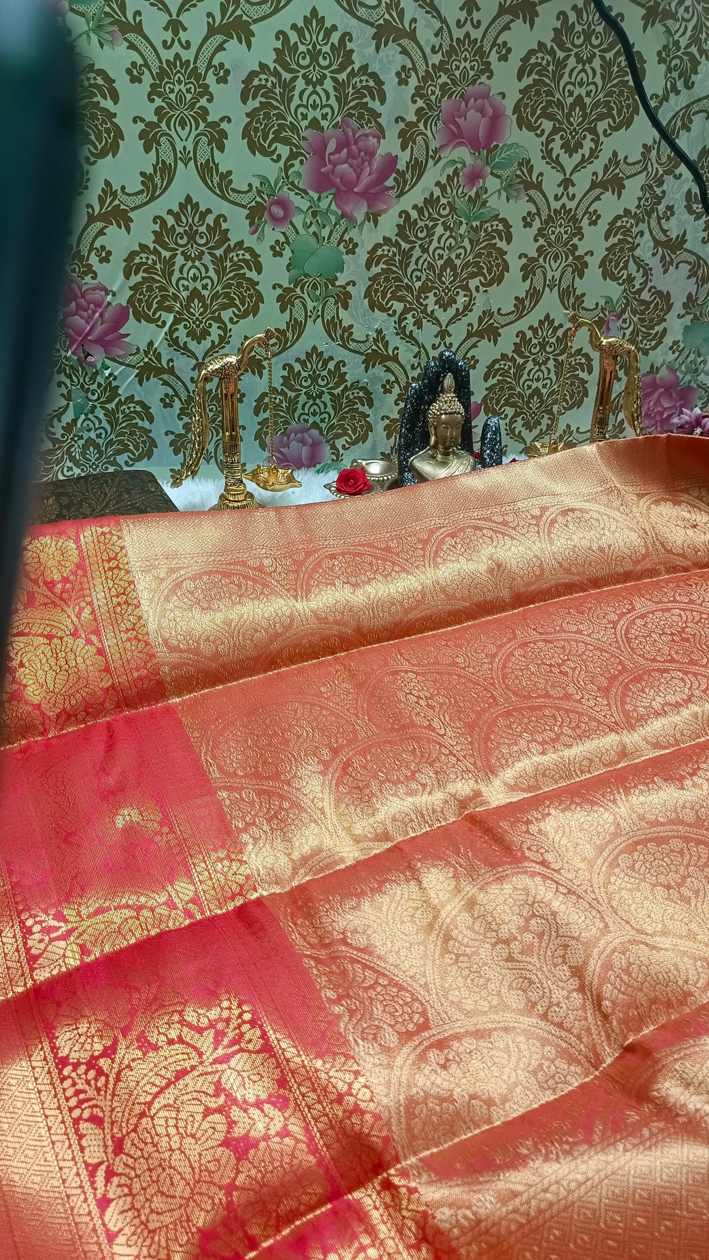 Pink with red Ratna Vastra vegan kanchi tissue silk saree MA25081