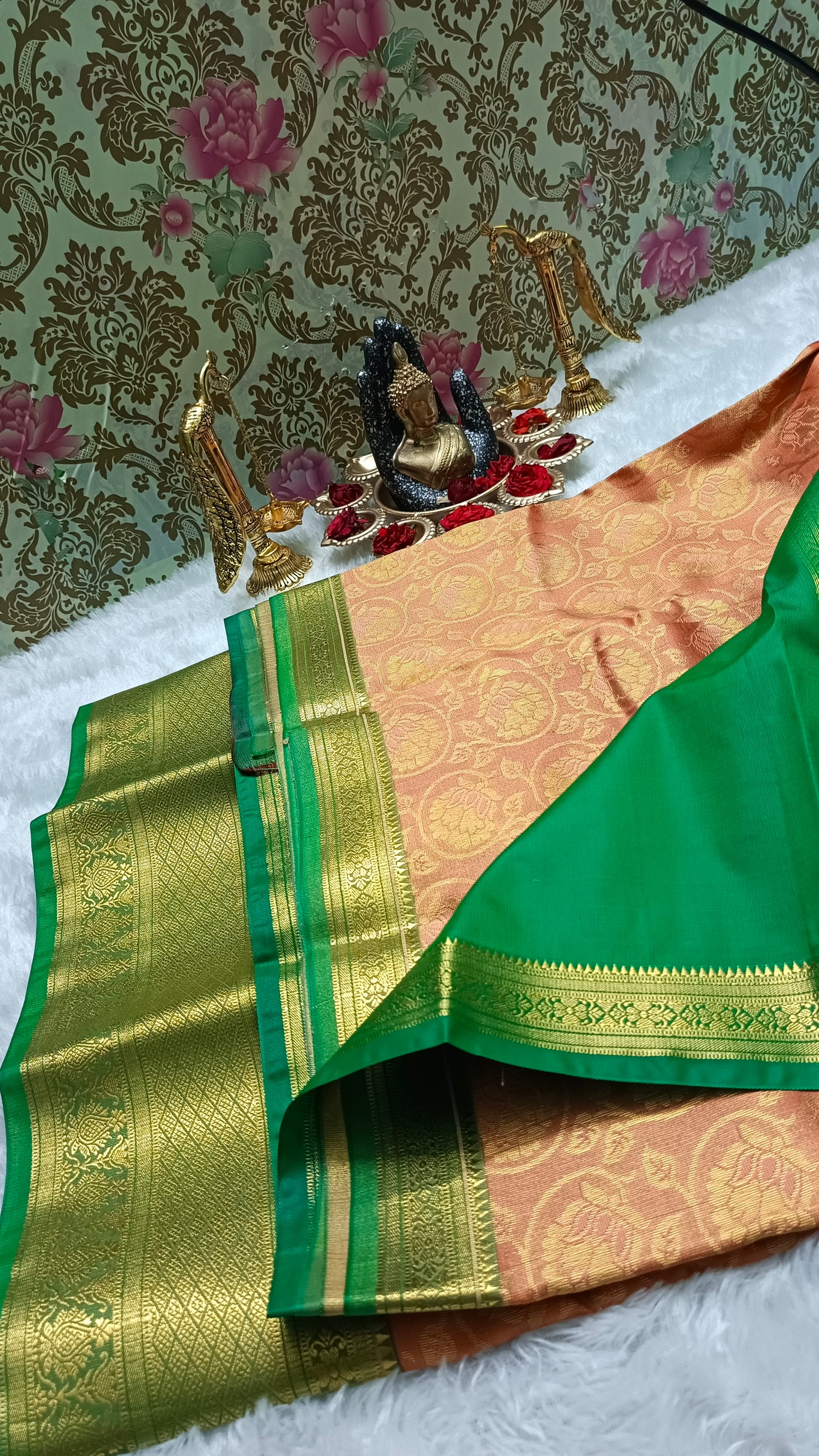 Sunset Blossom Vegan Kanchi Tissue Silk Saree Orange