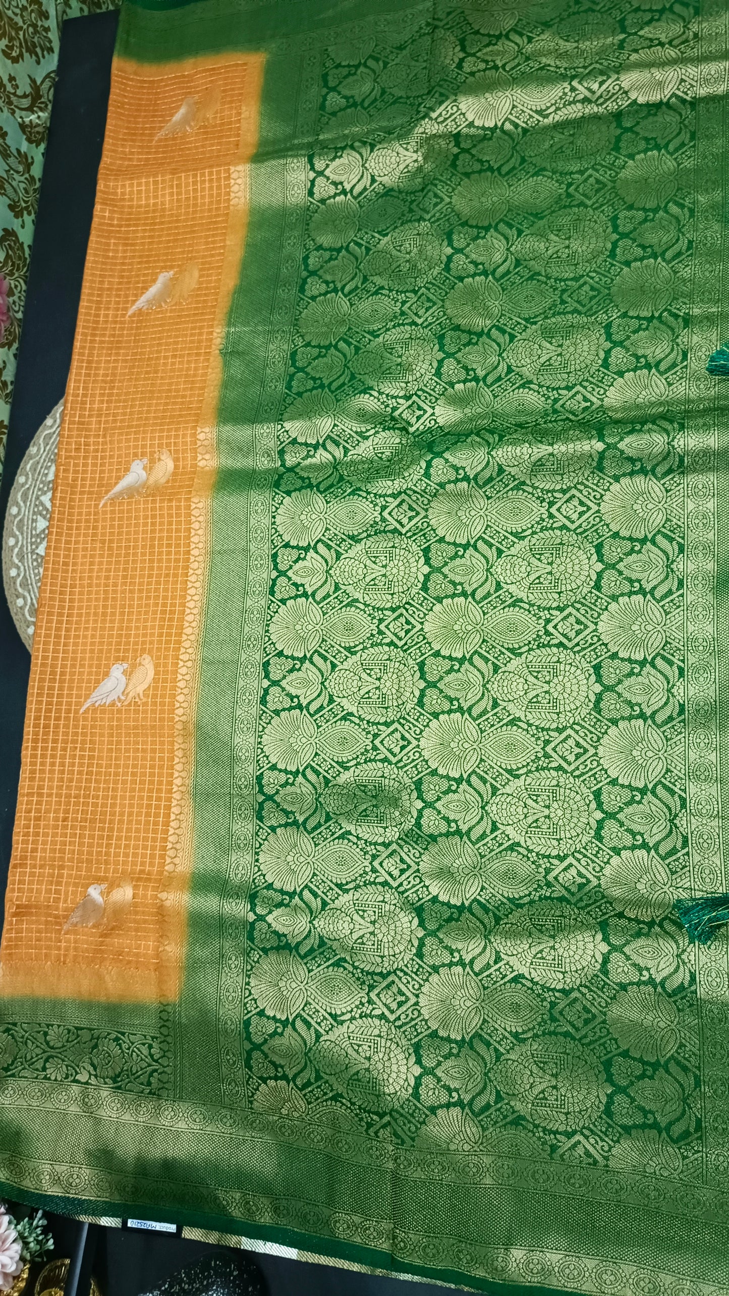 Mustard yellow Green Midhuna Pakshi Premium Vegan Crepe silk Saree MA25210