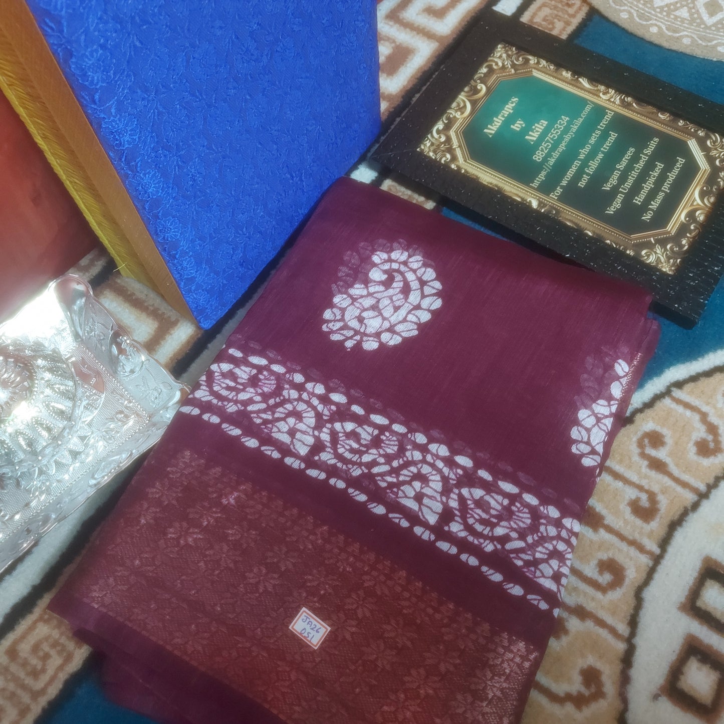 Wine Vegan lenin Mango batik weaving border saree JA26051