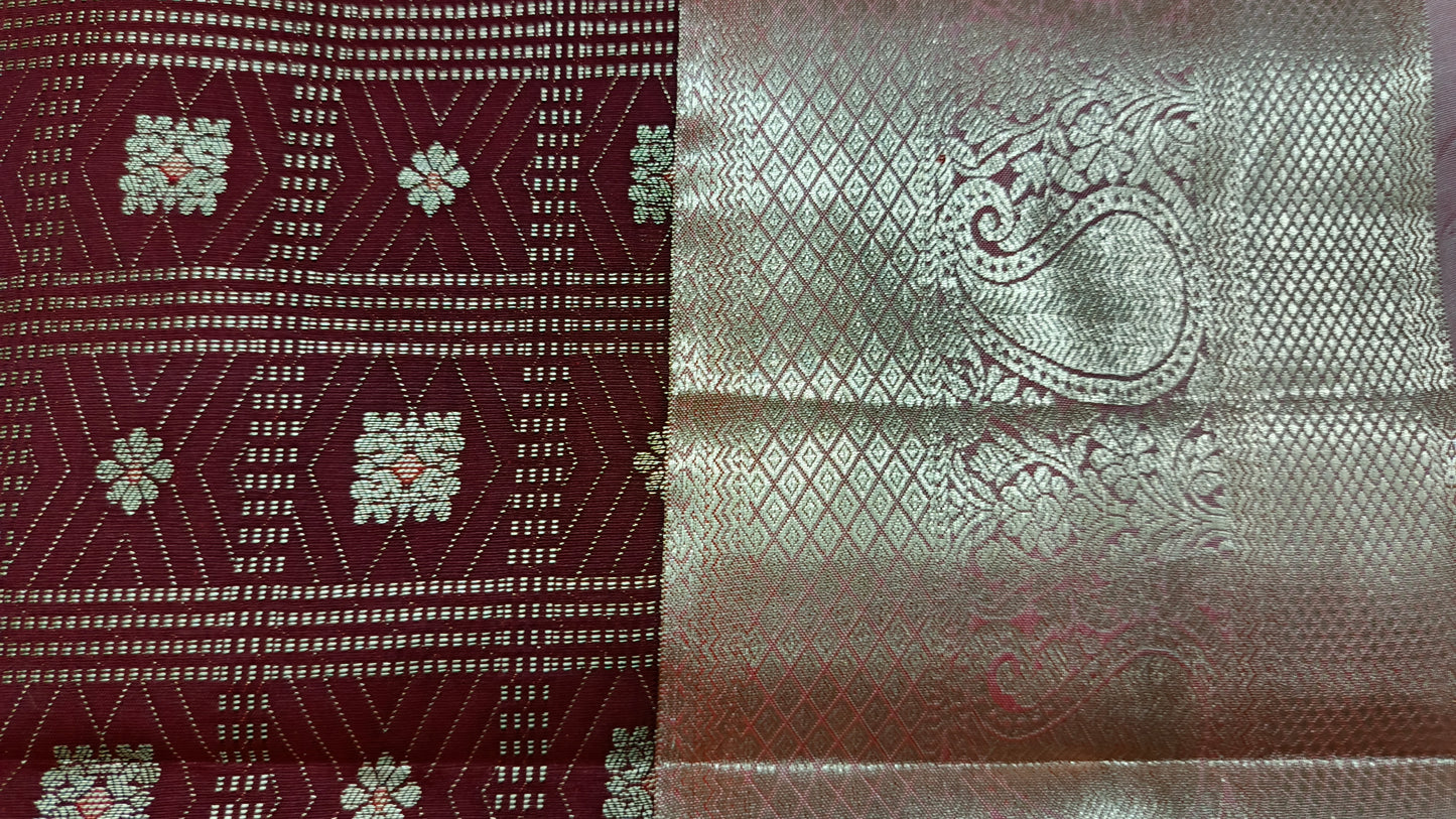 Maroon with pastel peach Parijatham Vegan premium kanchi brocade silk saree LA25929