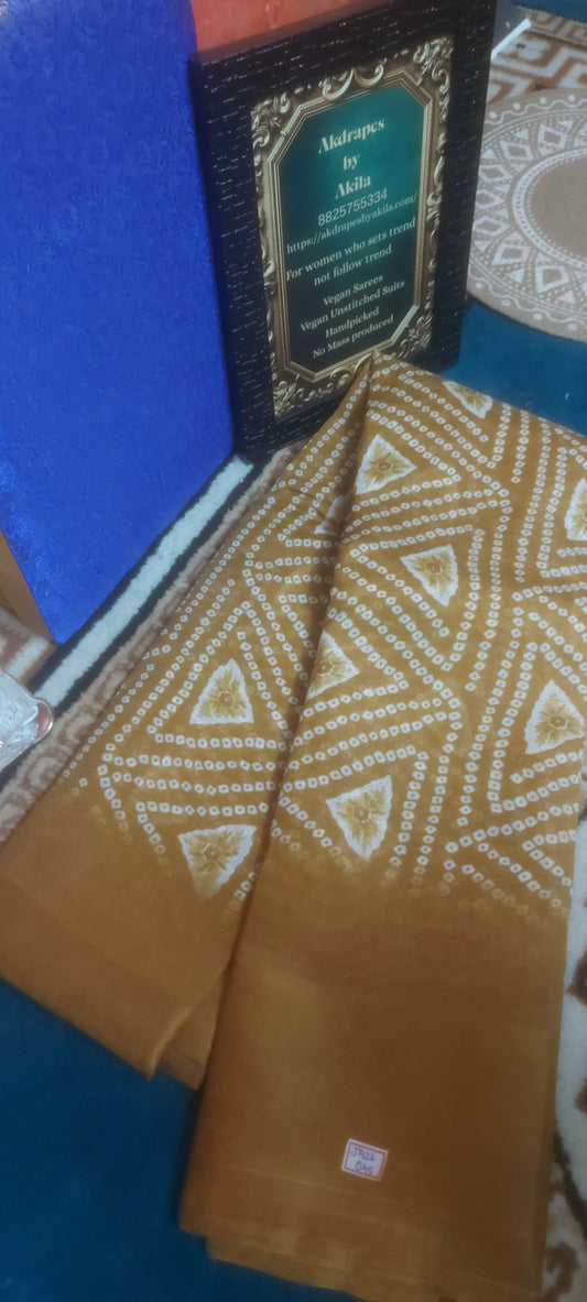 Mustard bandhini Vegan linen Zari border saree JA26045