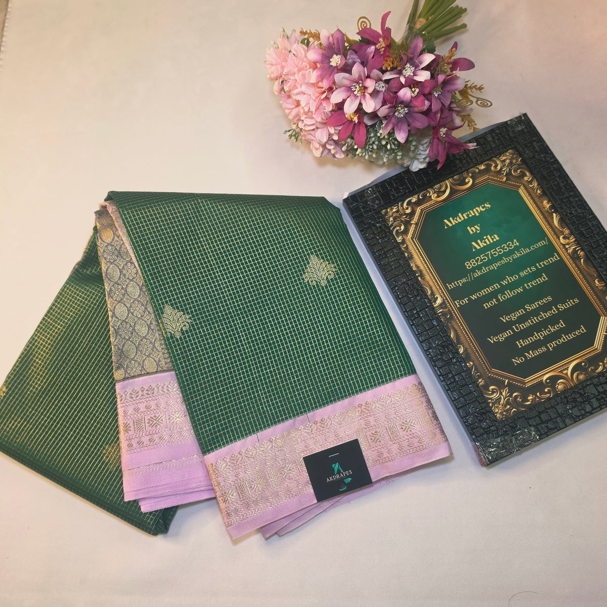 Green pastel pink Parampara vegan kanchi silk saree GA26156