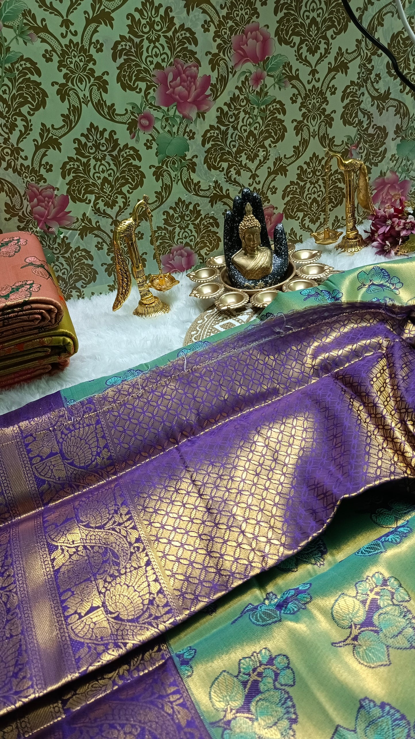 Sapphire Blue with navy blue Mangala Pushpam Vegan Kanchi tissue saree JA25296