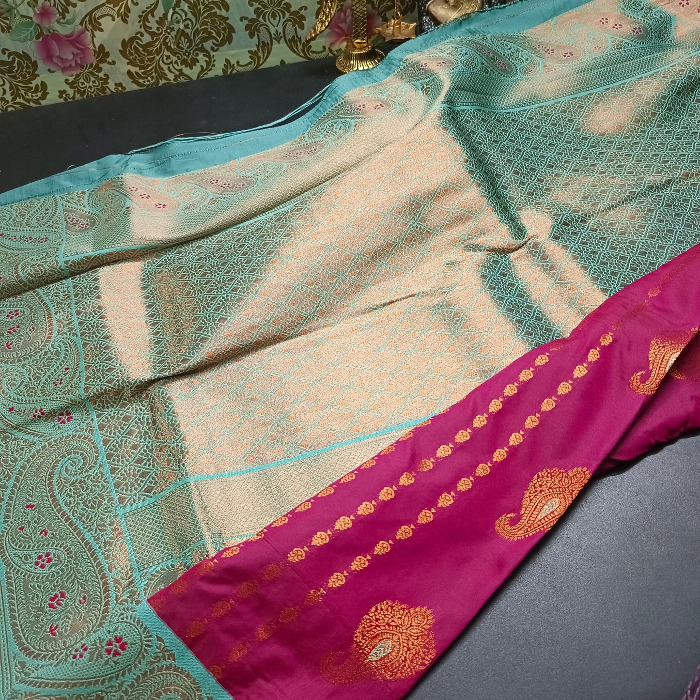 Wine Pastel blue Pavazha Pattu vegan Kanchi silk saree MA25138