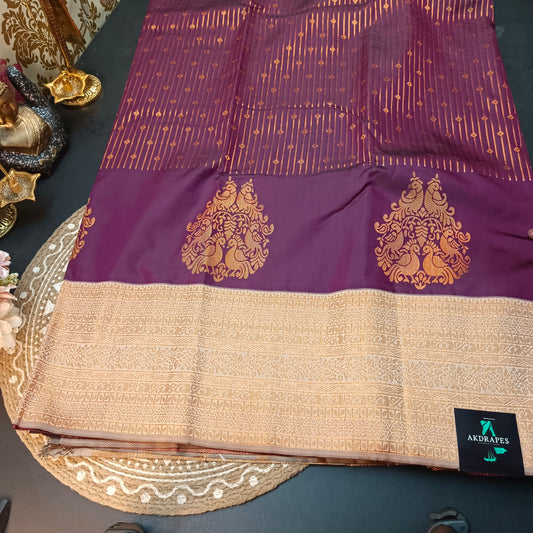 Dark purple beige Maragatha Muhurtham Vegan Kanchi Silk Saree MA25110