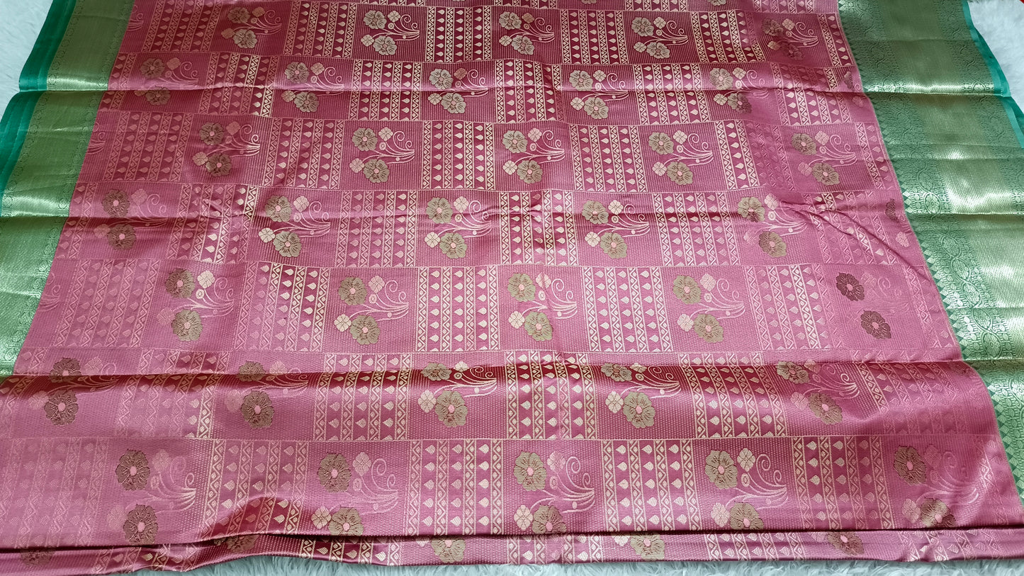 onion pink with pastel green Parijatham Vegan premium kanchi brocade silk saree LA25926