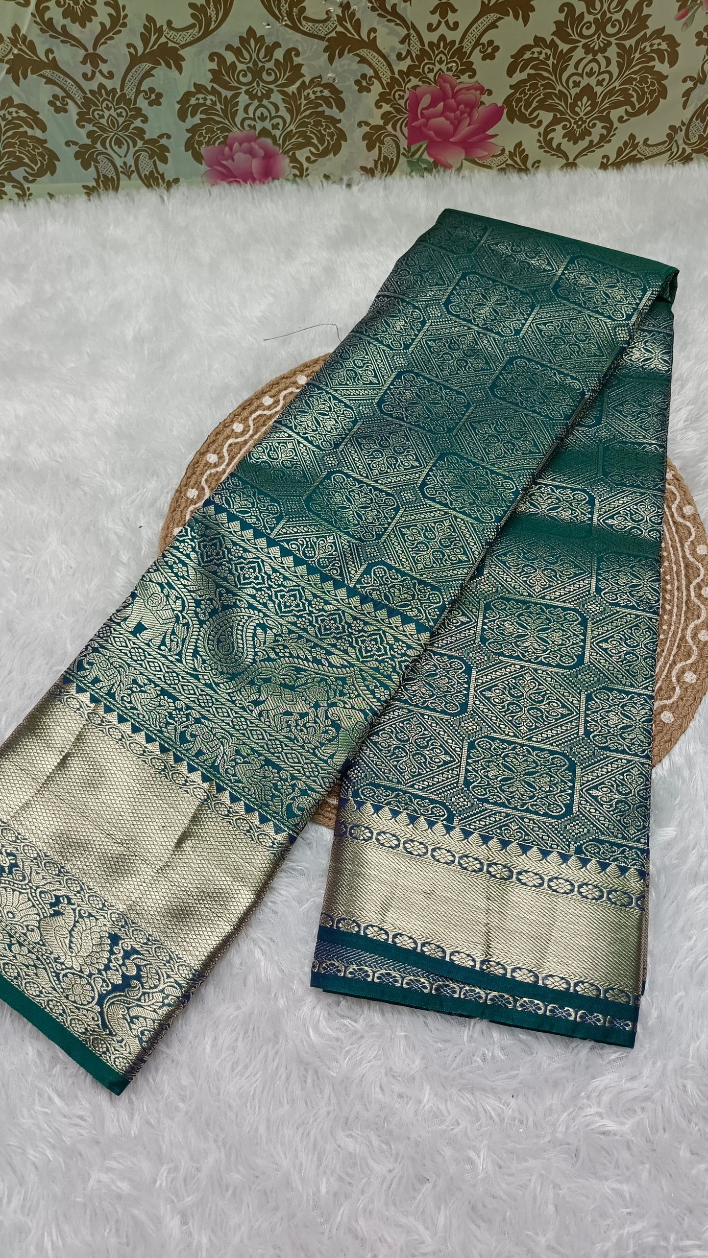 Teal blue Ashwa Gaja vegan bridal kanchi silk saree LA25951