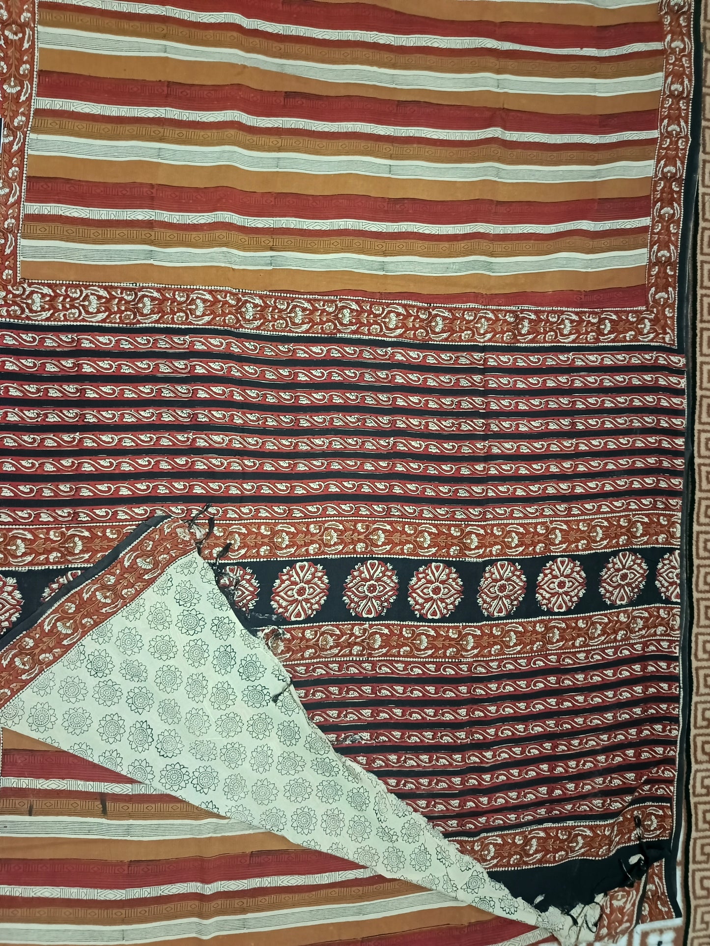 Red Mustard Vegan assam silk cotton bagru printed saree HA25536