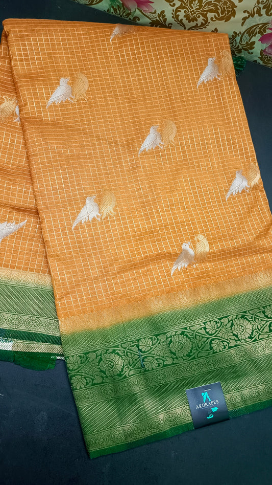 Mustard yellow Green Midhuna Pakshi Premium Vegan Crepe silk Saree MA25210