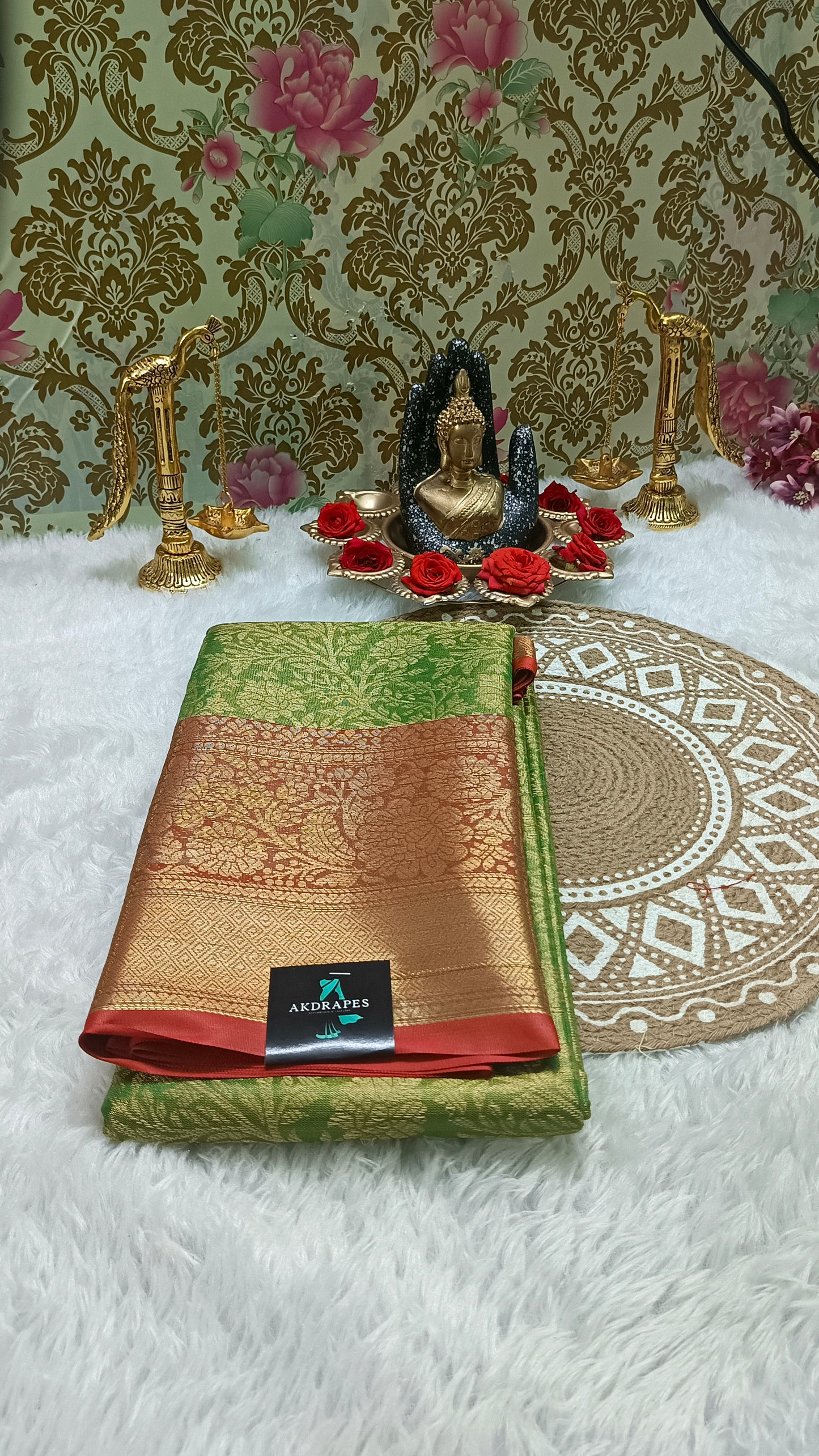 Green with Red Ratna Vastra Vegan kanchi tissue silk saree MA25080