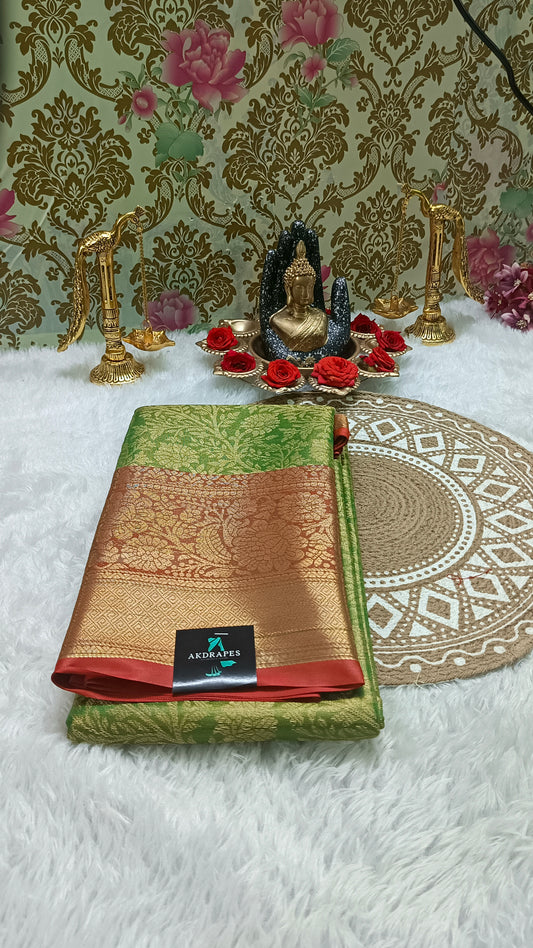 Green with Red Ratna Vastra Vegan kanchi tissue silk saree MA25080