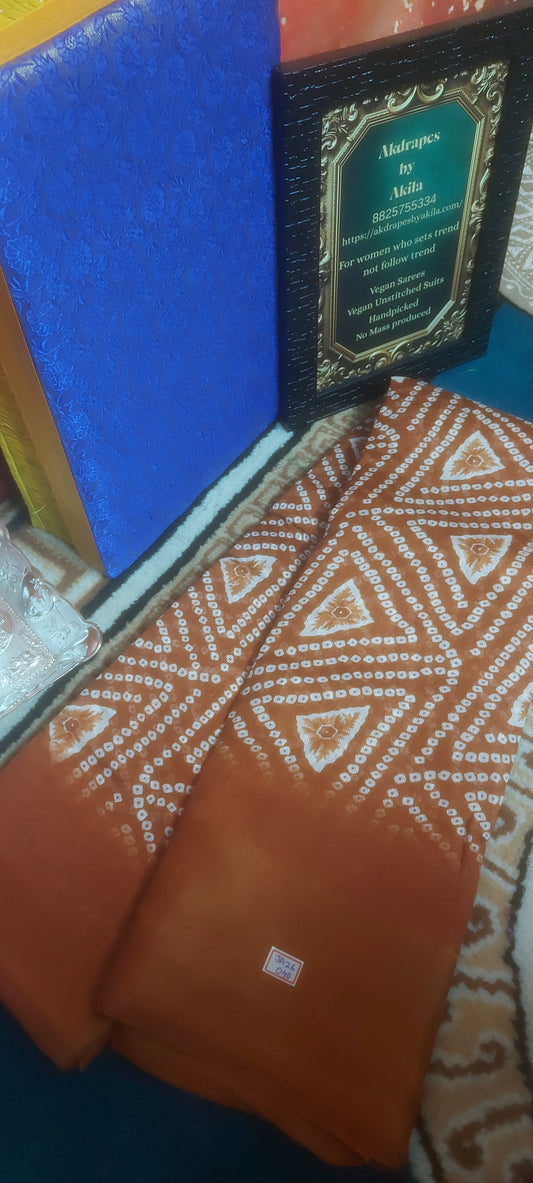 Rust Orange bandhini Vegan linen Zari border saree JA26040