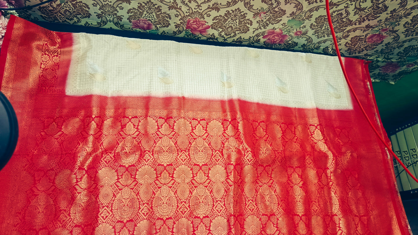 Off white Red  Midhuna Pakshi Premium Vegan Crepe silk Saree MA25215