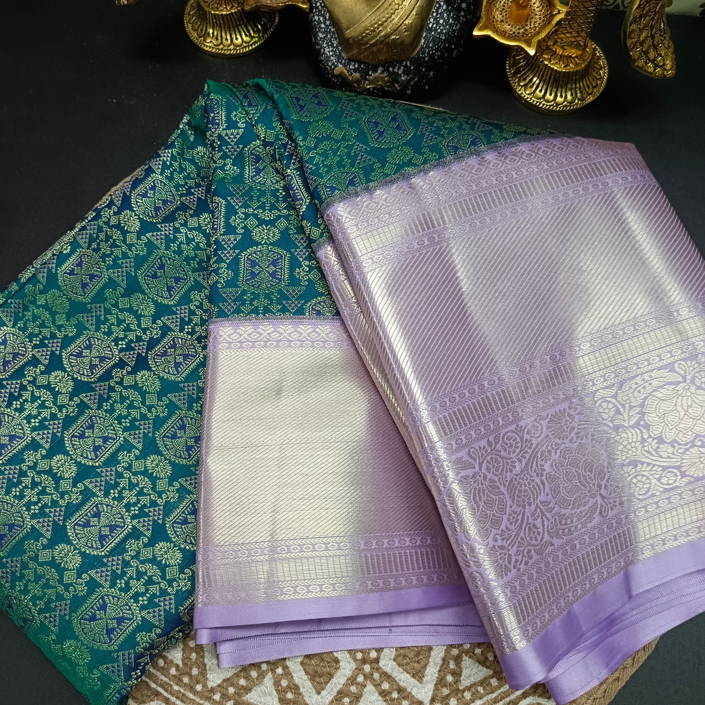 Green with Pastel Purple Aishwariyam Vegan Kanchi Brocade silk saree LA25946