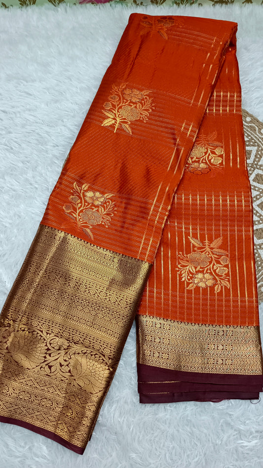 Rust Orange with coffee brown Parijatham Vegan premium kanchi brocade silk saree LA25924