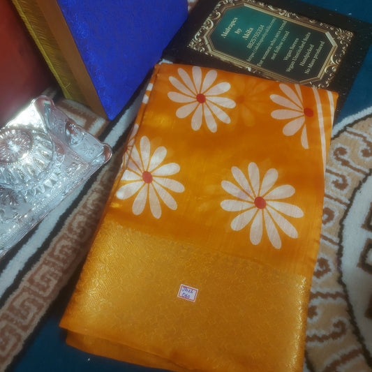 Yellow vegan linen sunflower weaving border saree JA26060