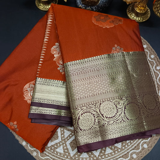 Rust Orange with coffee brown Varnajalam vegan premium kanchi silk saree LA25910