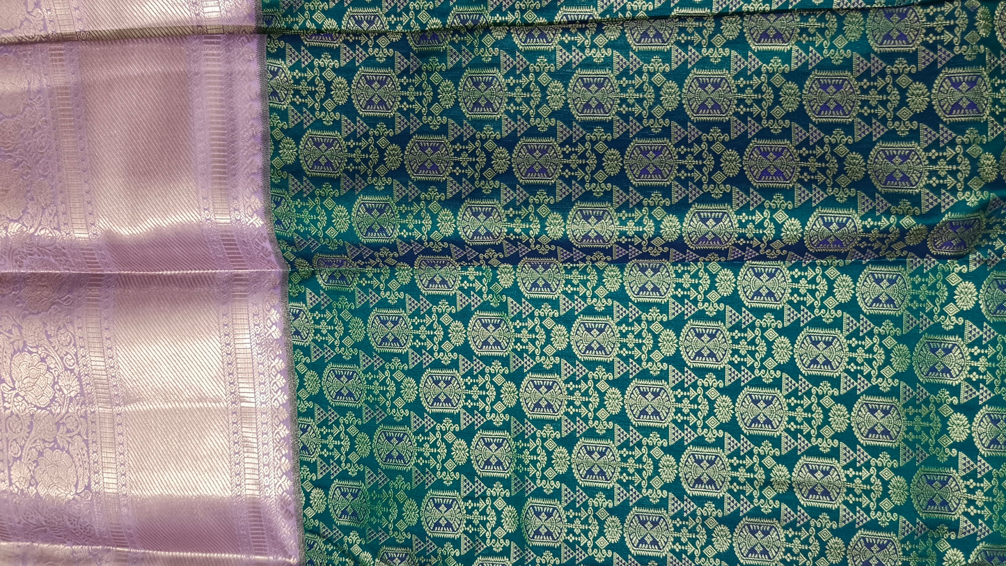 Green with Pastel Purple Aishwariyam Vegan Kanchi Brocade silk saree LA25946