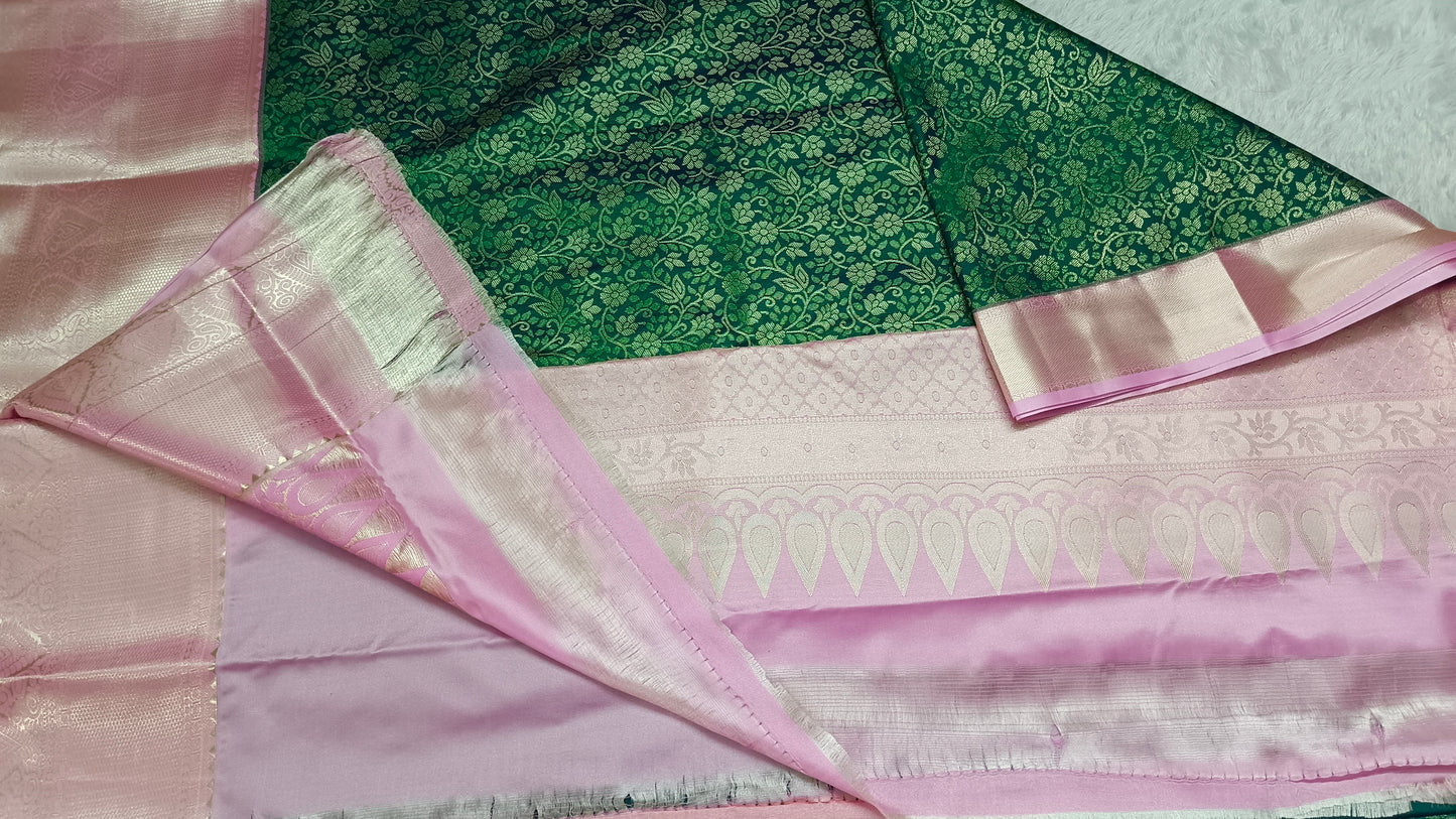 Green with Pastel Pink Aishwariyam Vegan Kanchi Brocade silk saree LA25947