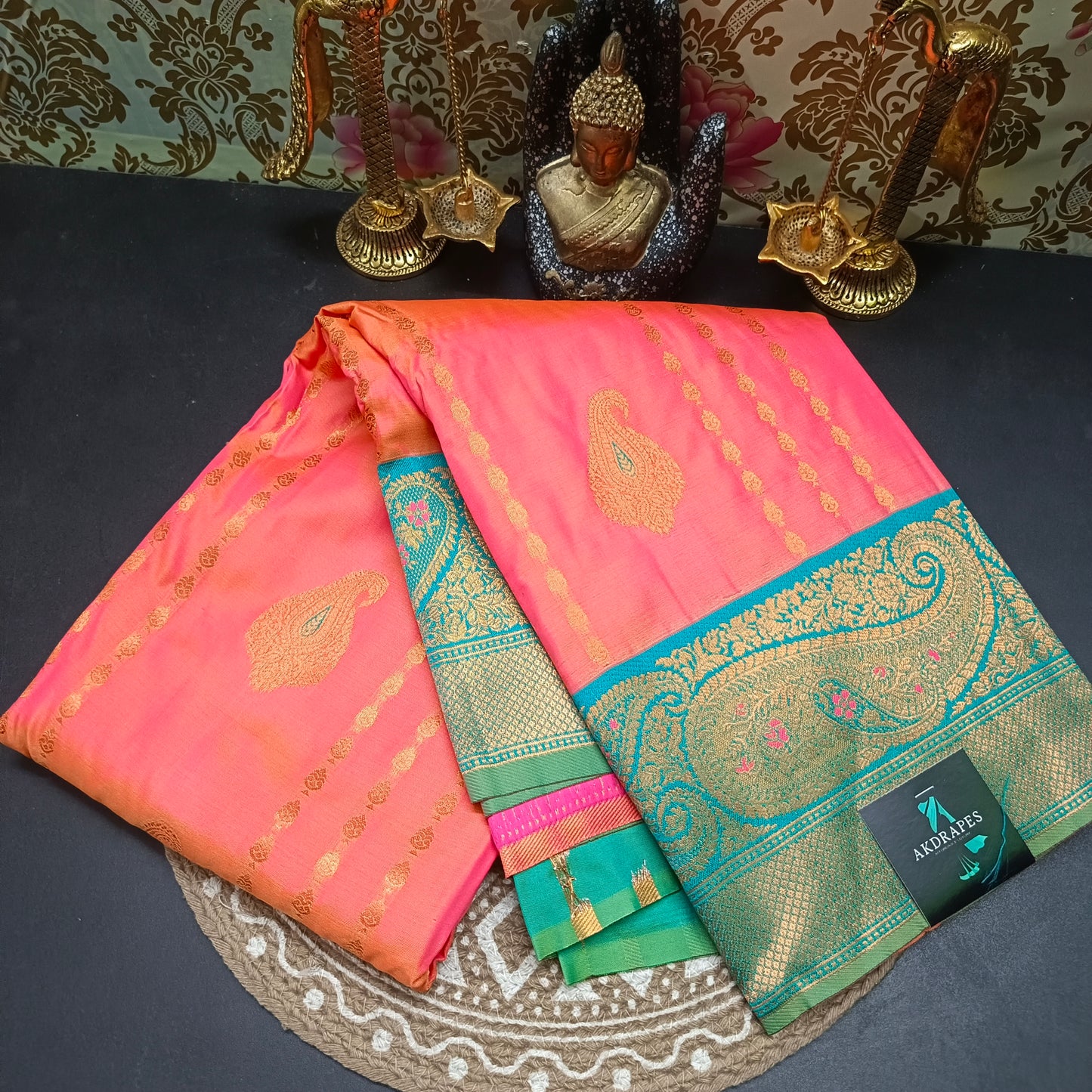 Peach seagreen Pavazha Pattu vegan Kanchi silk saree MA25134