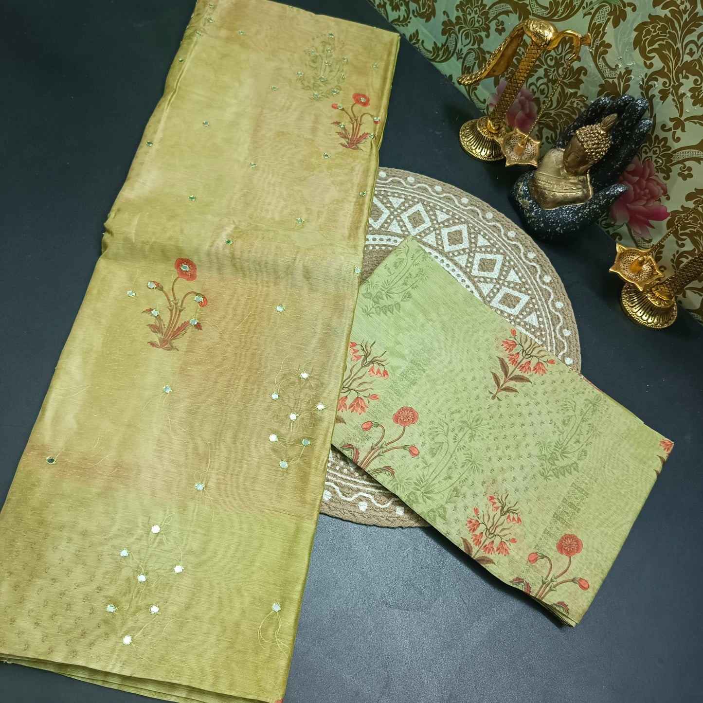 Green Vegan chanderi pichwai unstitched suits HA25365