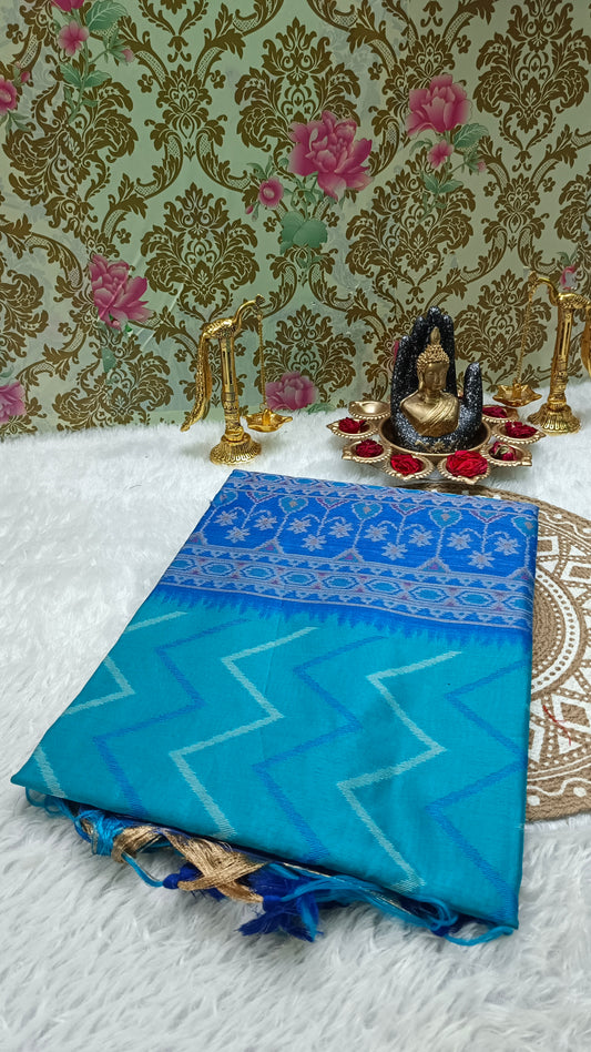 Sapphire blue with Royal Blue Zigzag Hand Weave Ikkat Vegan silk cotton saree HA25428