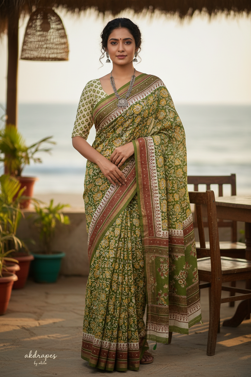 Green kalamkari floral veg dye mull cotton saree HA25530