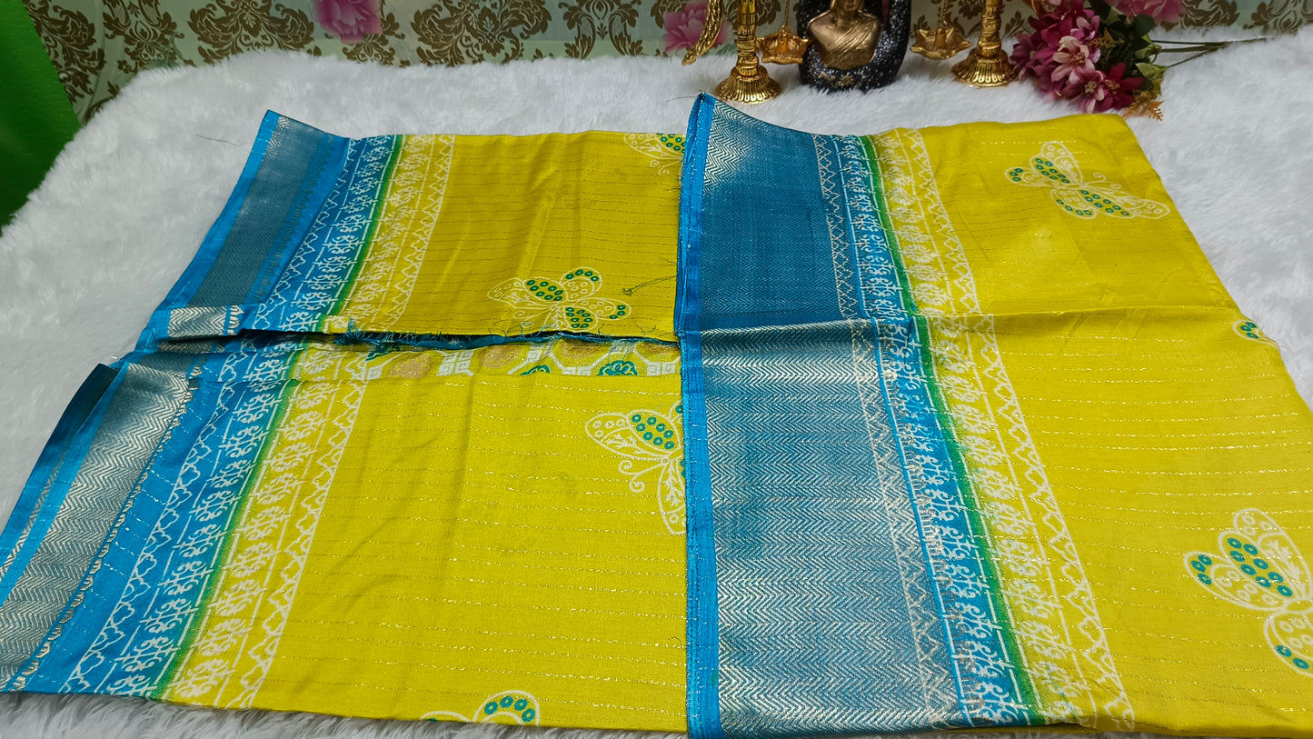 Yellow with Blue Semi dola butterfly saree SA25716
