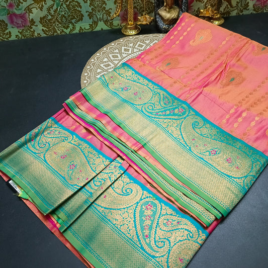 Onion Pink Seagreen Pavazha Pattu vegan Kanchi silk saree MA25137