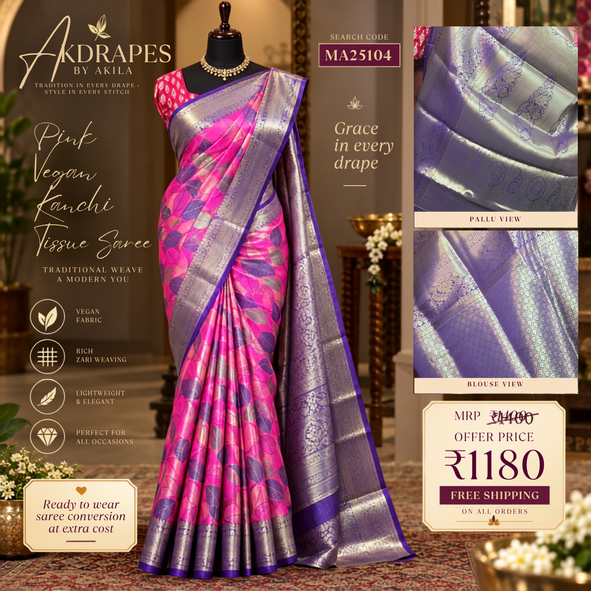 Pink with blue varna valli Vegan kanchi silk saree MA25104