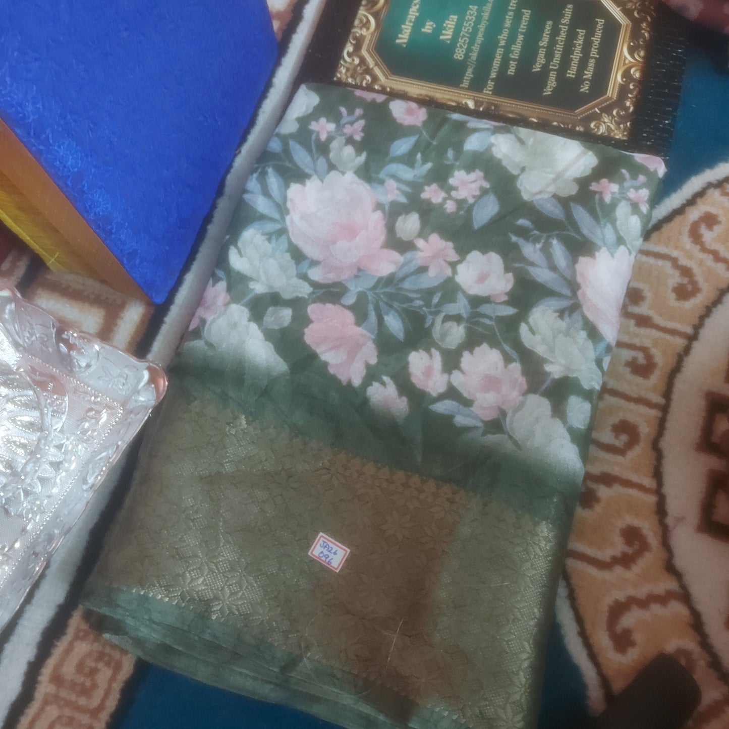 Green Vegan dola floral Weaving border saree JA26096