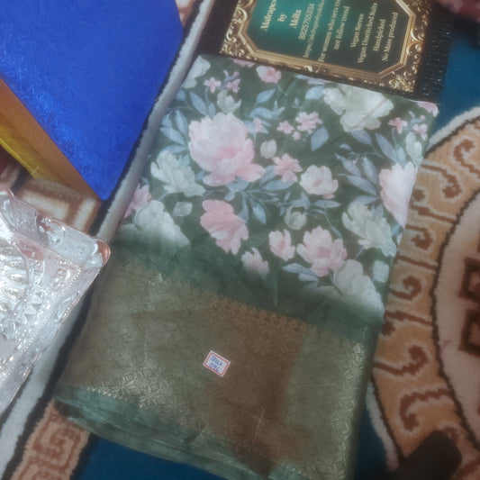 Green Vegan dola floral Weaving border saree JA26097
