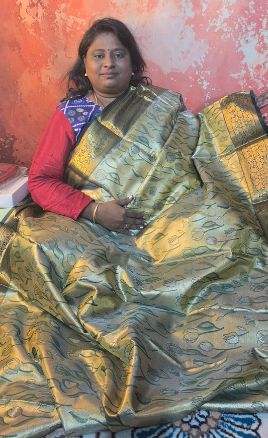 Green Tulika golden bridal tissue Vegan kanchi saree JA25289