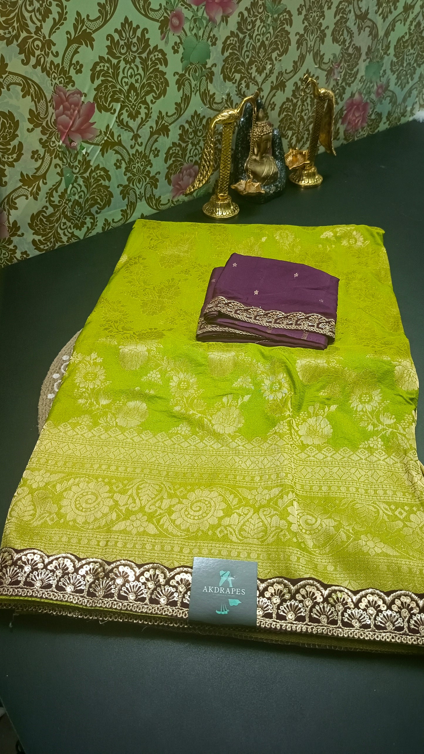 Lime green with violet Royal banarasi vegan kaddi georgette saree JA25331