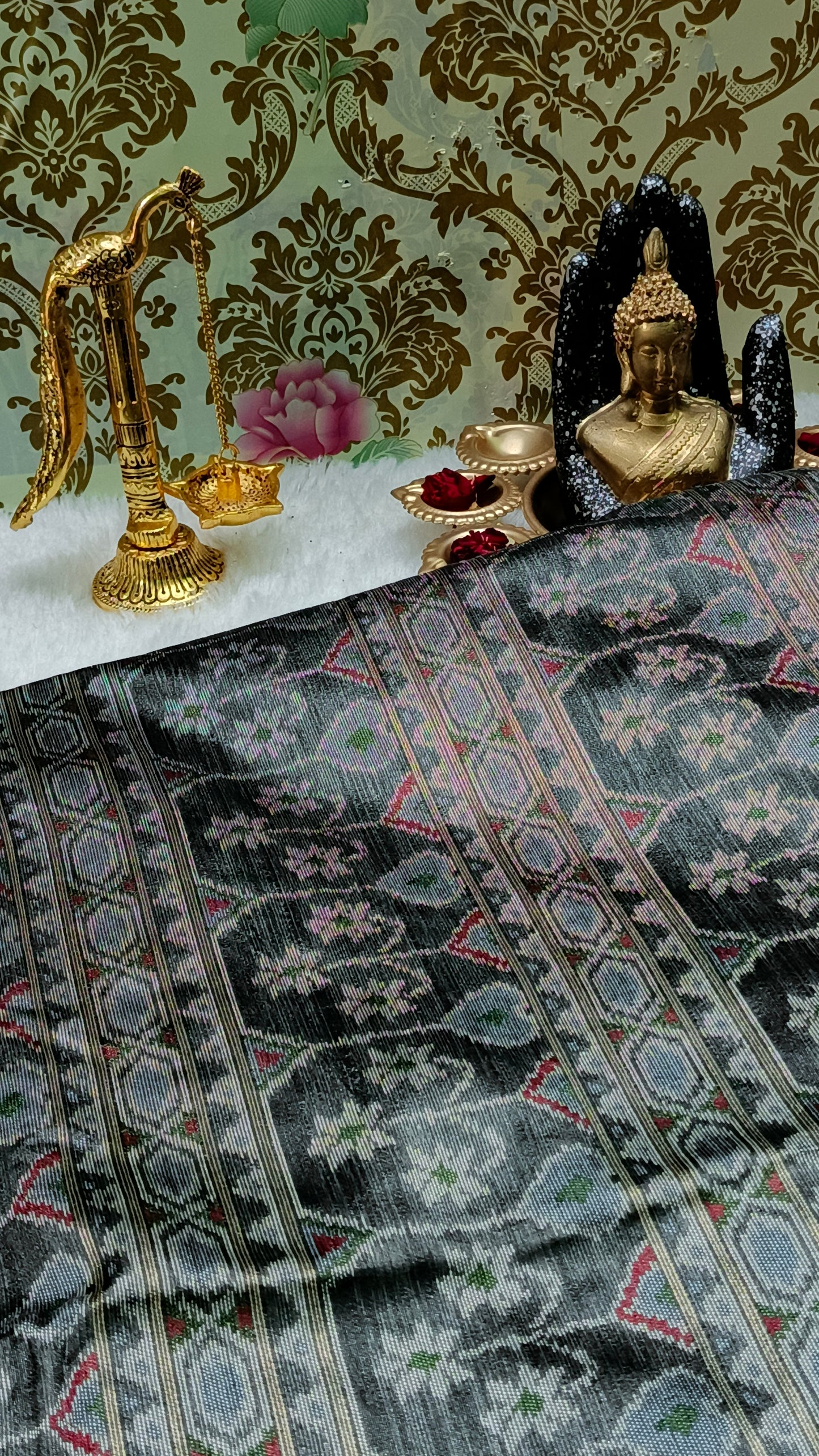 Grey with Black Zigzag Handweave Ikkat Vegan Silk Cotton Saree HA25430